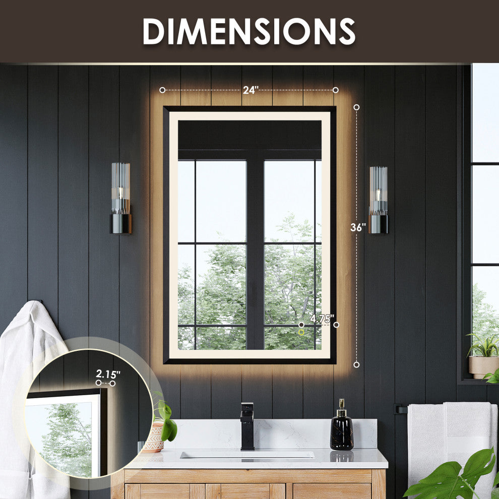 Apollo Anti-Fog Dimmable Vanity, LED Lighted Wall Mirror, Matte Black, 24"