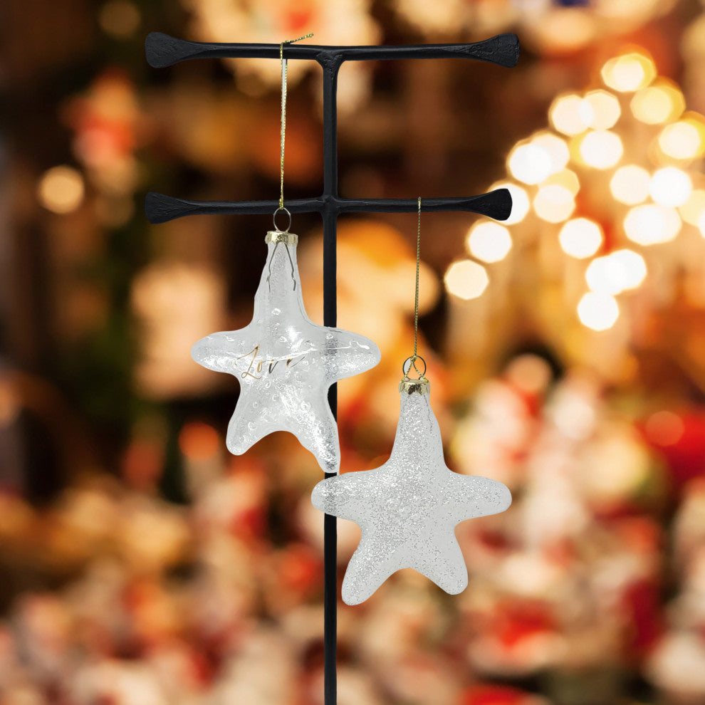 Coastal Clear Starfish Ornament Art Glass Gold Holiday 4 in Sparkly, Clear/White - Love