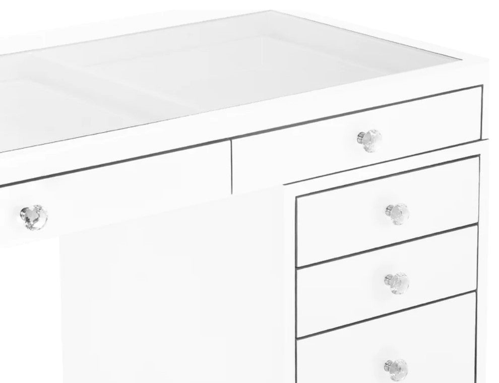 Slaystation Pro Premium Makeup Desk with Drawer and Crystal Knobs, White