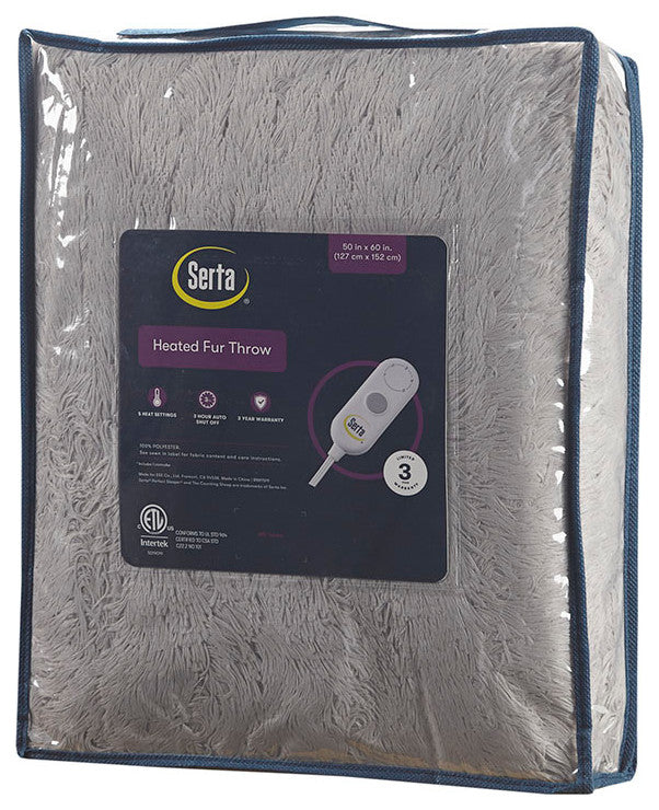 Serta Malea Shaggy Faux Fur Heated Throw, Grey