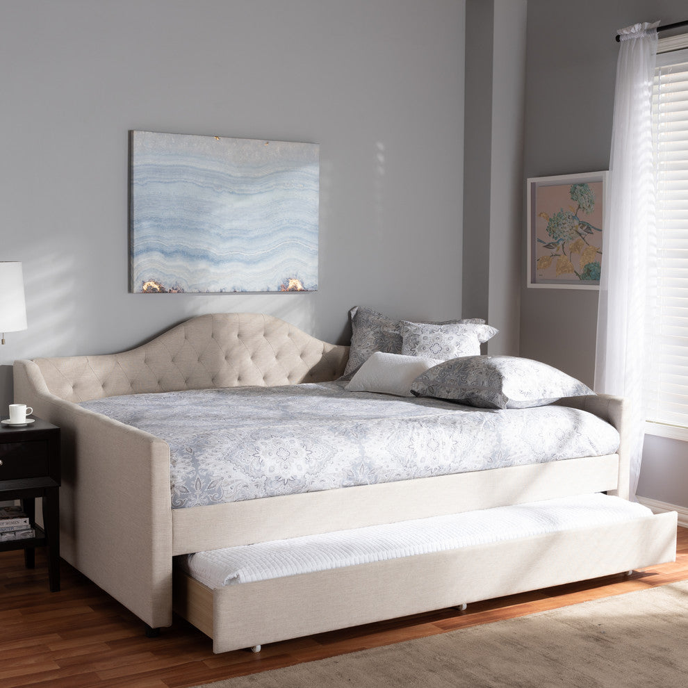 Baxton Studio Eliza Tufted Queen Daybed with Trundle in Light Beige