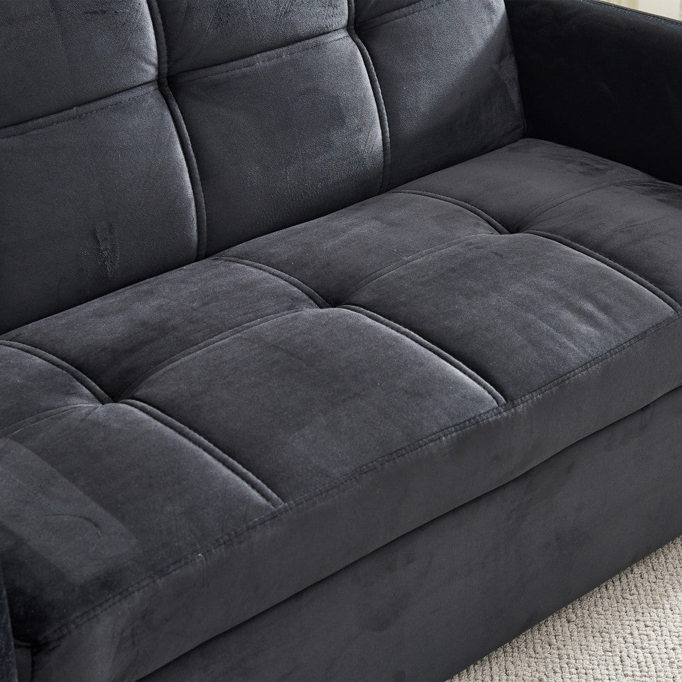 TATEUS 55.5" Twins Pull Out Sofa Bed Velvet  for Small Room Black