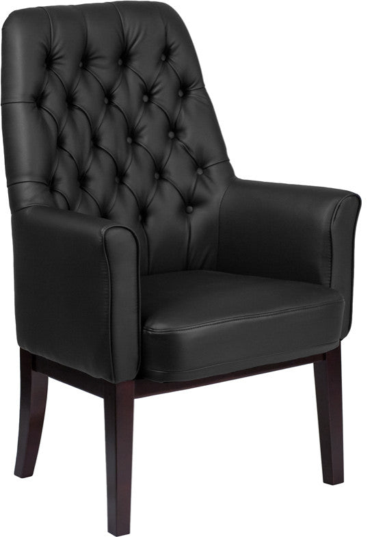 High Back Traditional Tufted Black Leather Side Reception Chair