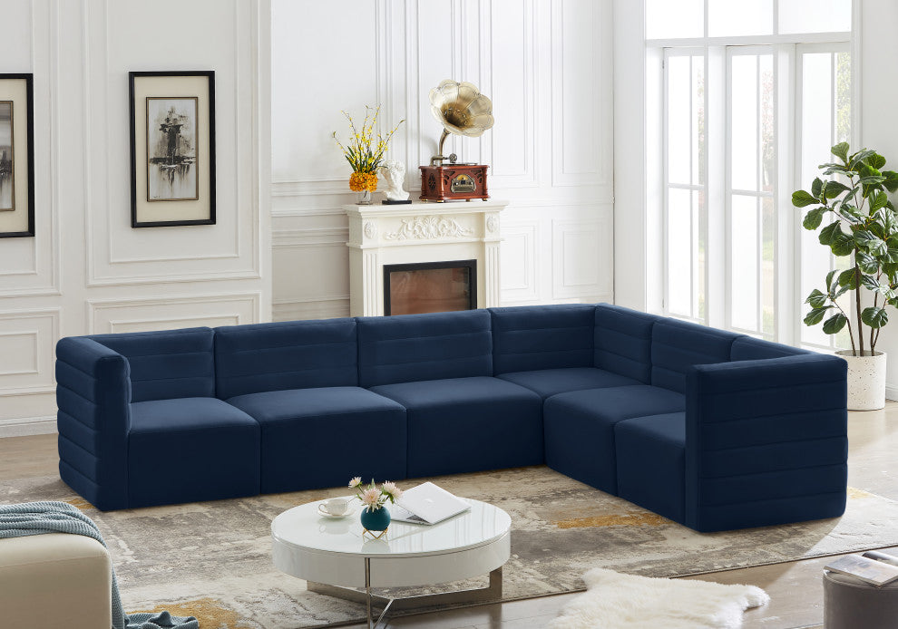 Quincy Velvet Upholstered 6-Piece L-Shaped Modular Sectional, Navy
