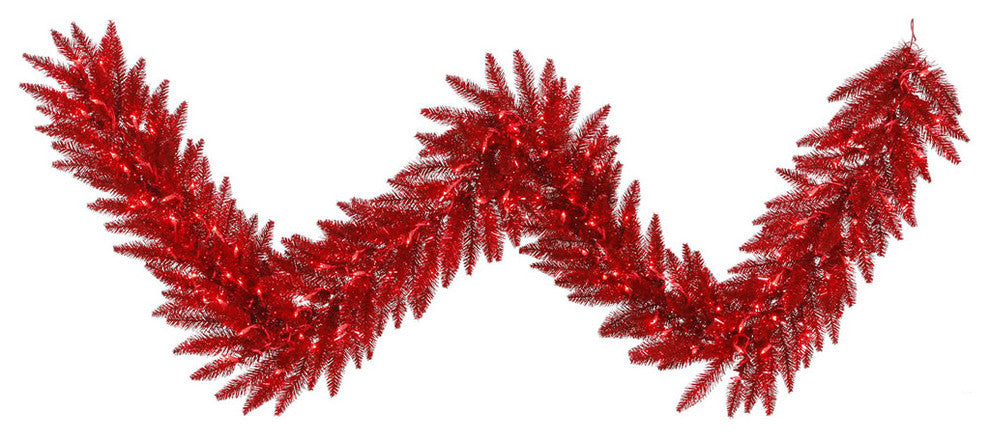 Vickerman K165215 9' Tinsel Red Artificial Christmas Garland, Red Mini Lights