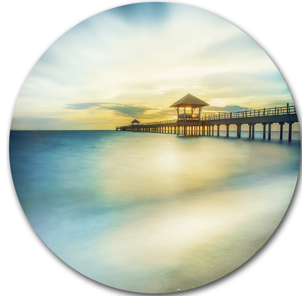 Blue Tinged Seashore With Distant Pier, Sea Pier Round Wall Art, 23"