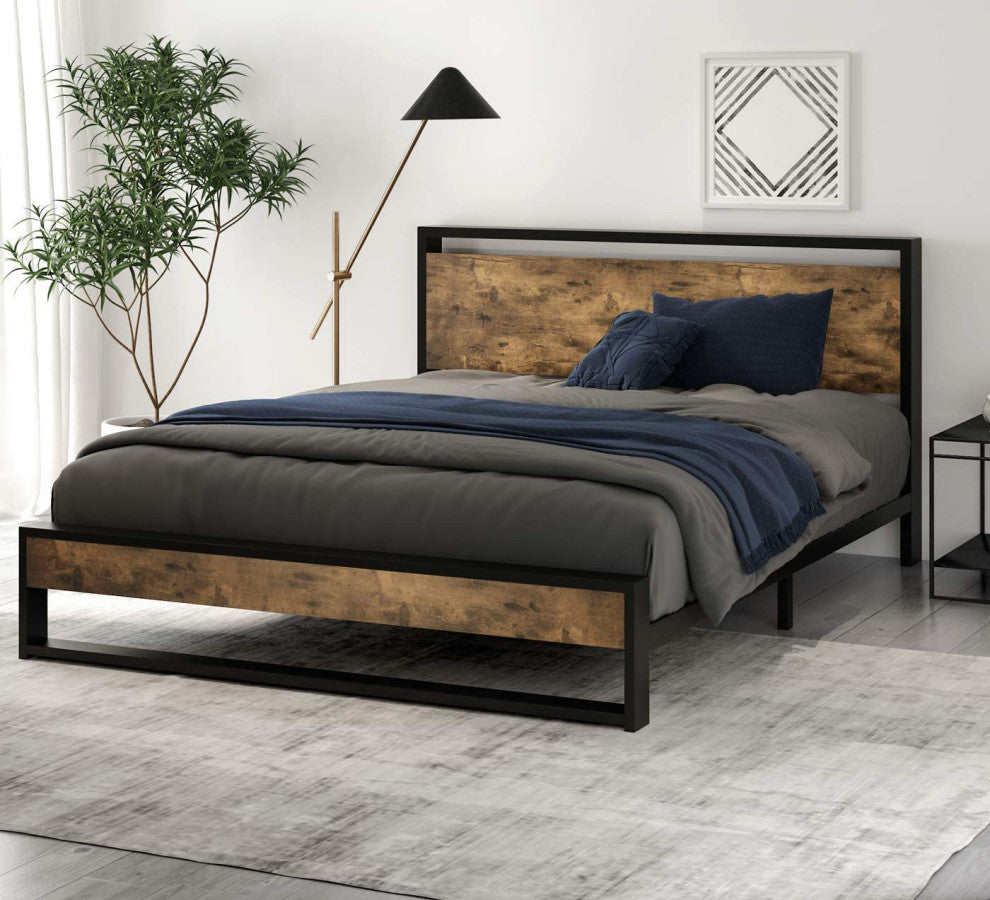 Queen Size Bed Frame with Industrial Wooden Headboard