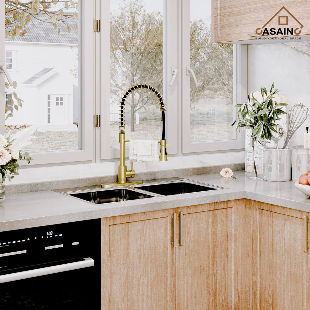 Spring Standard Kitchen Faucet with Dual-Function Spray Head and Deck Plate, Brushed Gold