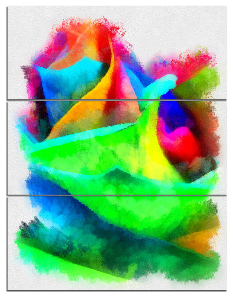 Colorful Rose Watercolor, Floral Triptych Canvas Artwork, 28x36, 3 Panels