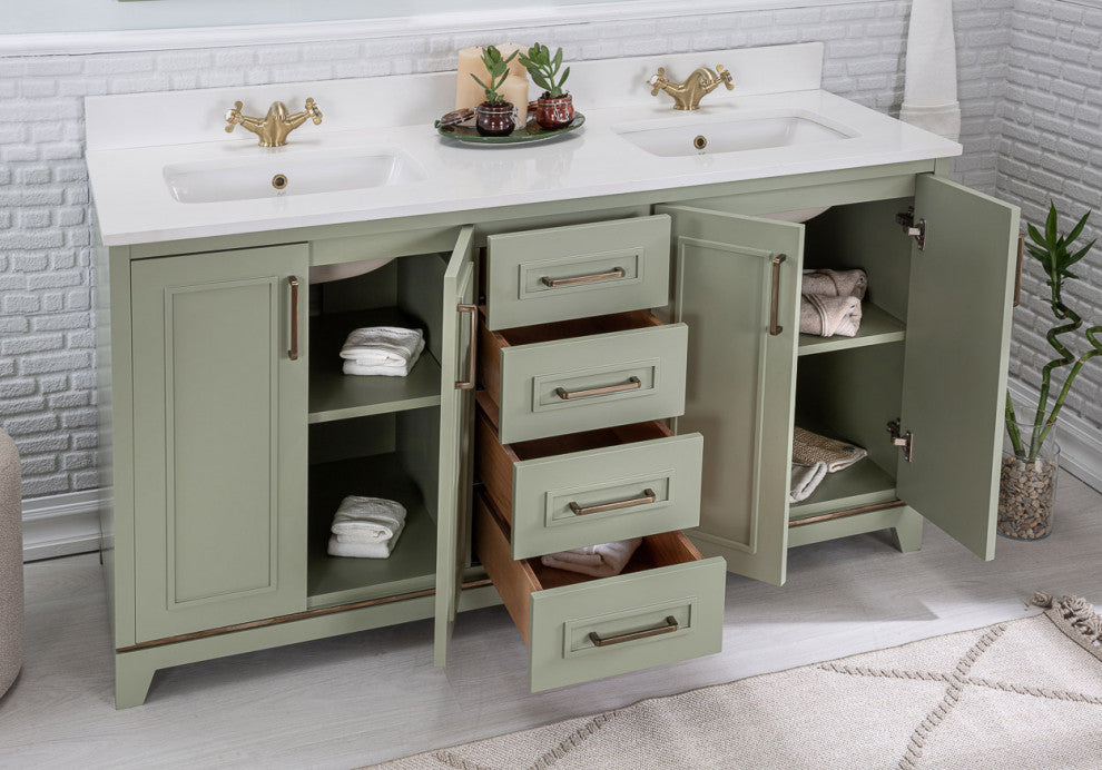 Albia Collection 60" Bathroom Vanity With Sink, Mirror, Countertop, Green