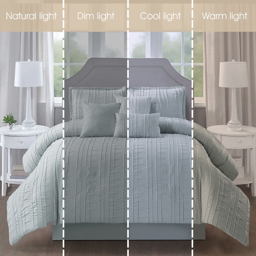 Katniss 7 Piece Stripe Comforter Set, Grey, Queen