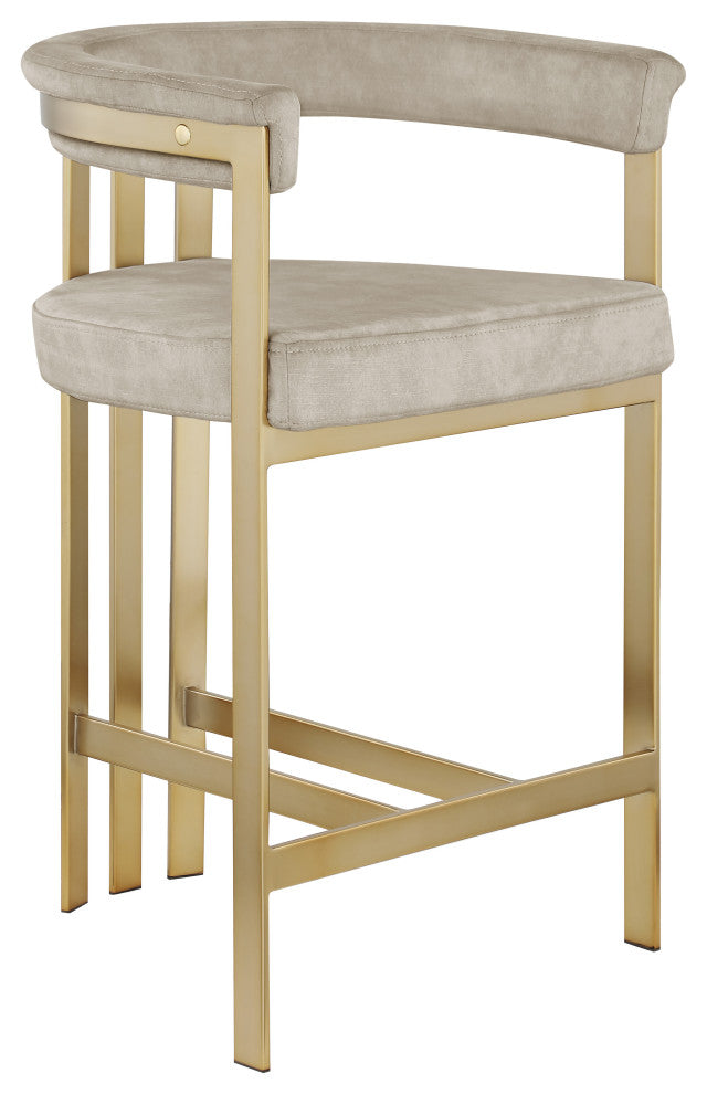 Marcello Upholstered Counter Stool, Stone, Velvet, Brushed Brass
