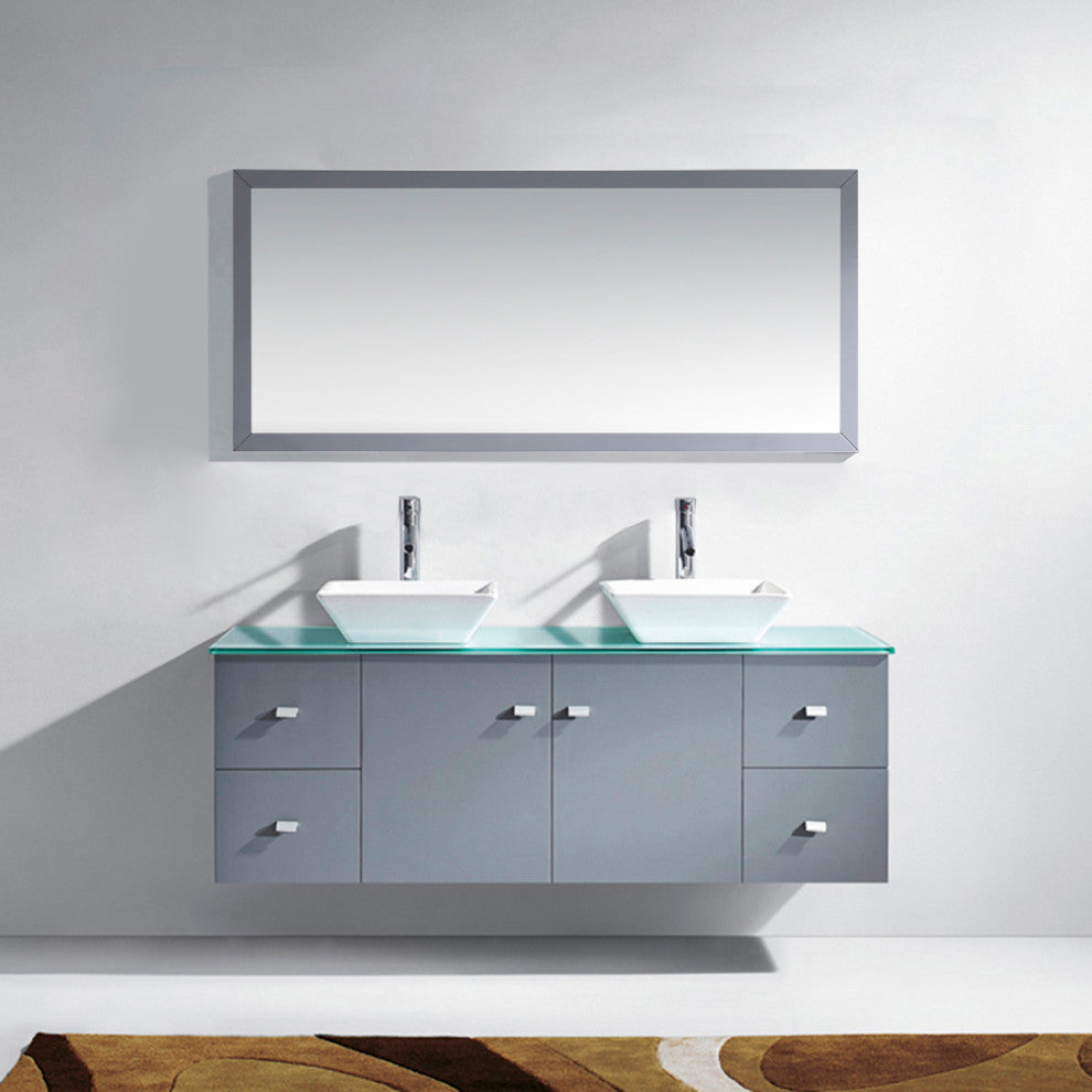 Clarissa 61" Double Bathroom Vanity Set, Gray, Aqua Tempered Glass Countertop, P