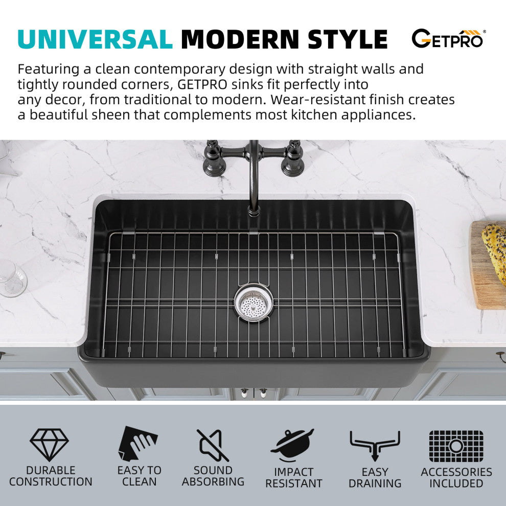 33 inch Black Single Farmhouse Kitchen Sink with Bottom Grid