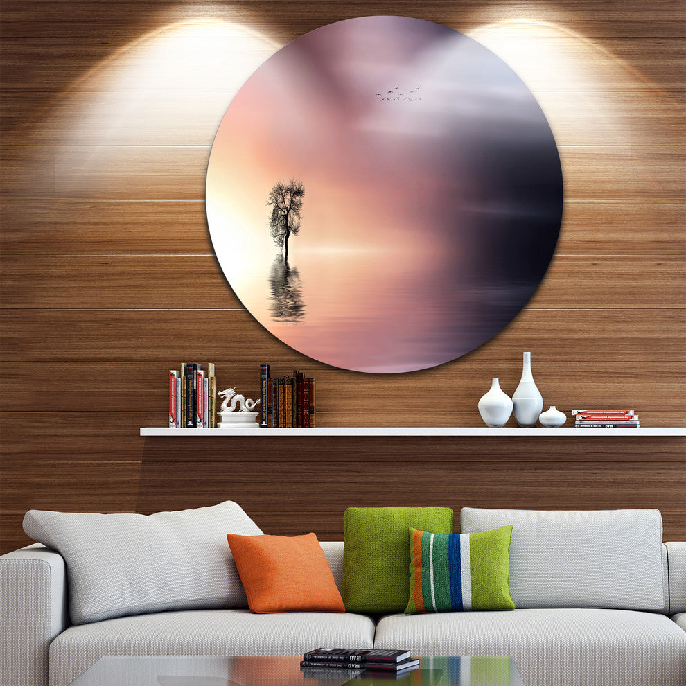 Lonely Tree And Birds Panorama, Round Metal Wall Art Landscape, 11"
