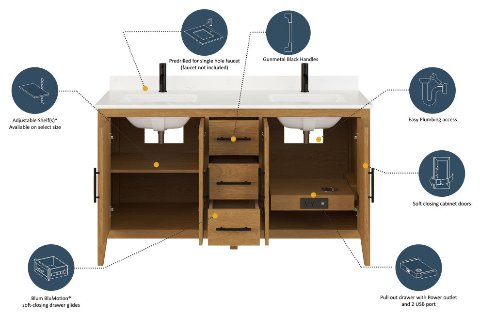 Vienna 60" Double Vanity With With Power Bar and Drawer Organizer, White Oak