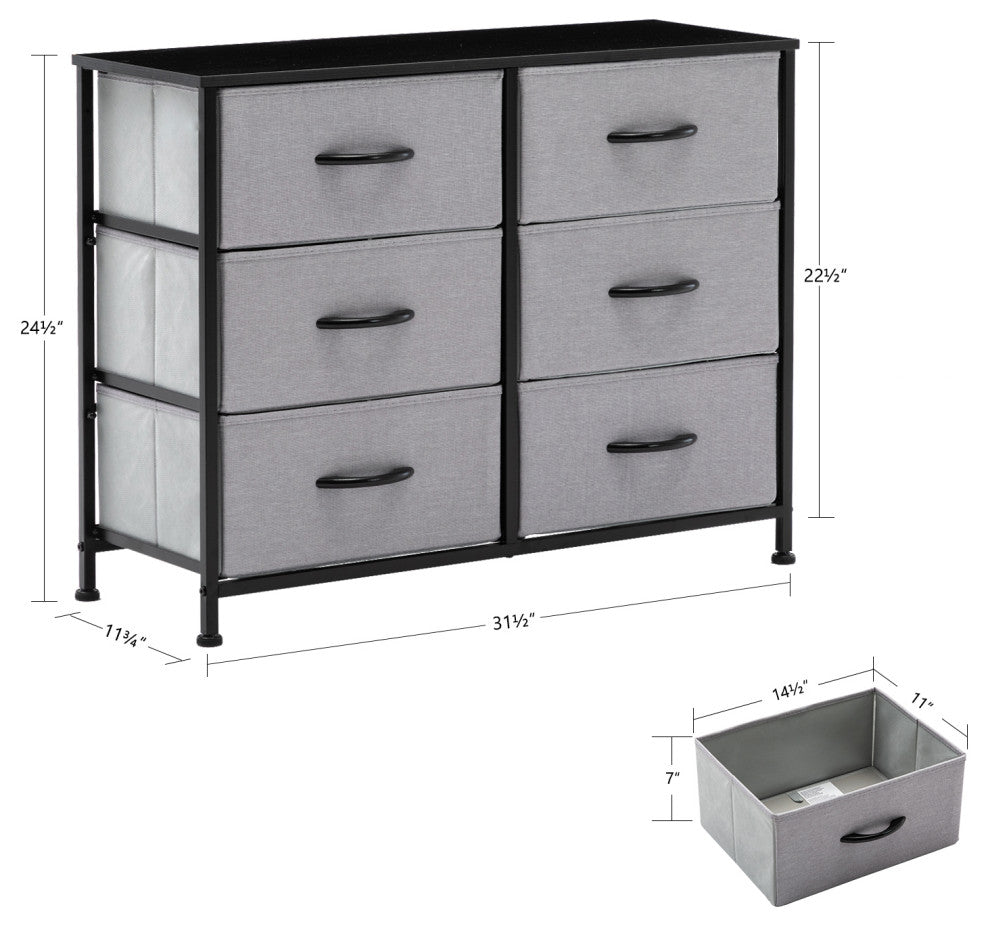 6 Fabric Drawers Steel Frame Double Dresser, Grey