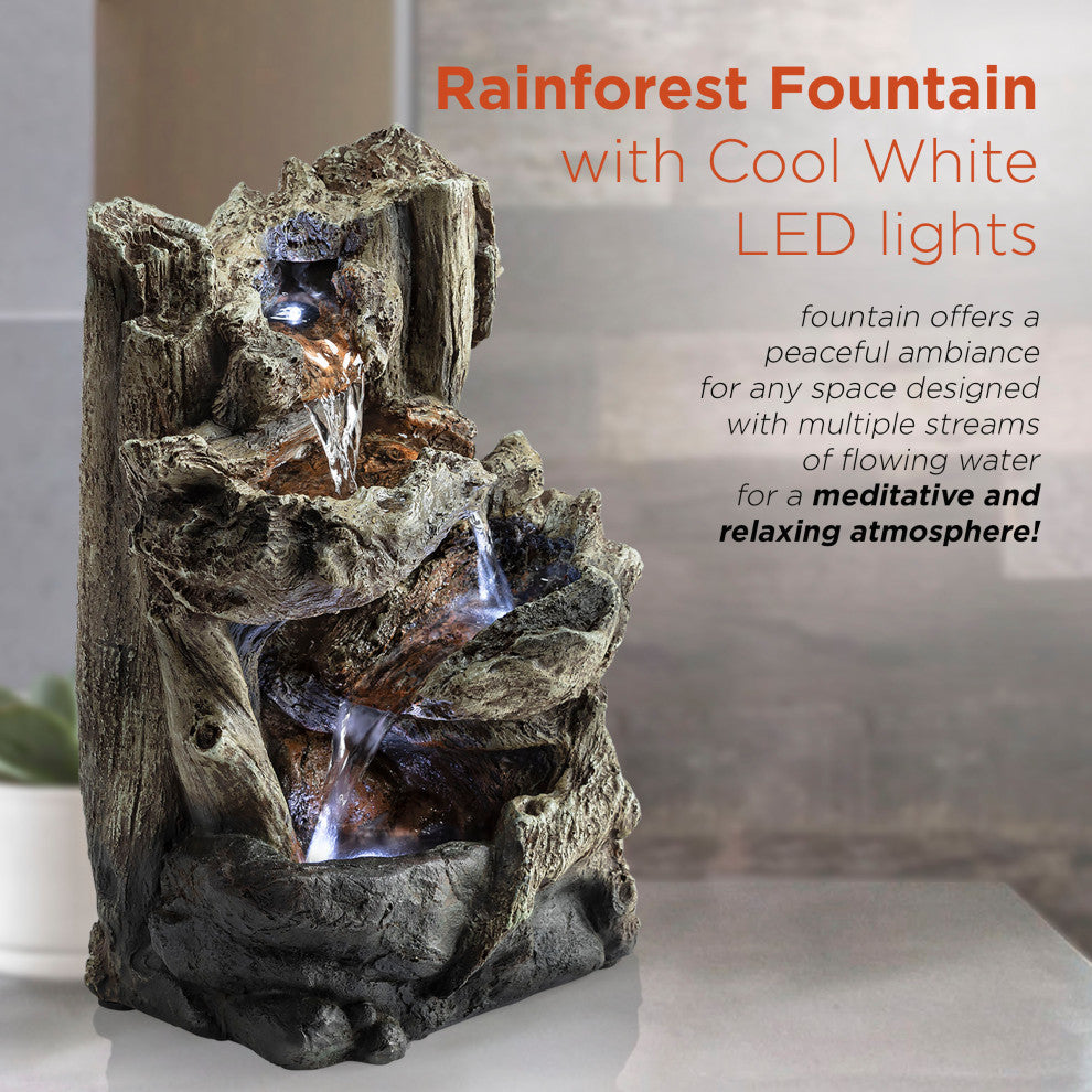 14" Tall Indoor Tiered Log Tabletop Fountain with LED Lights