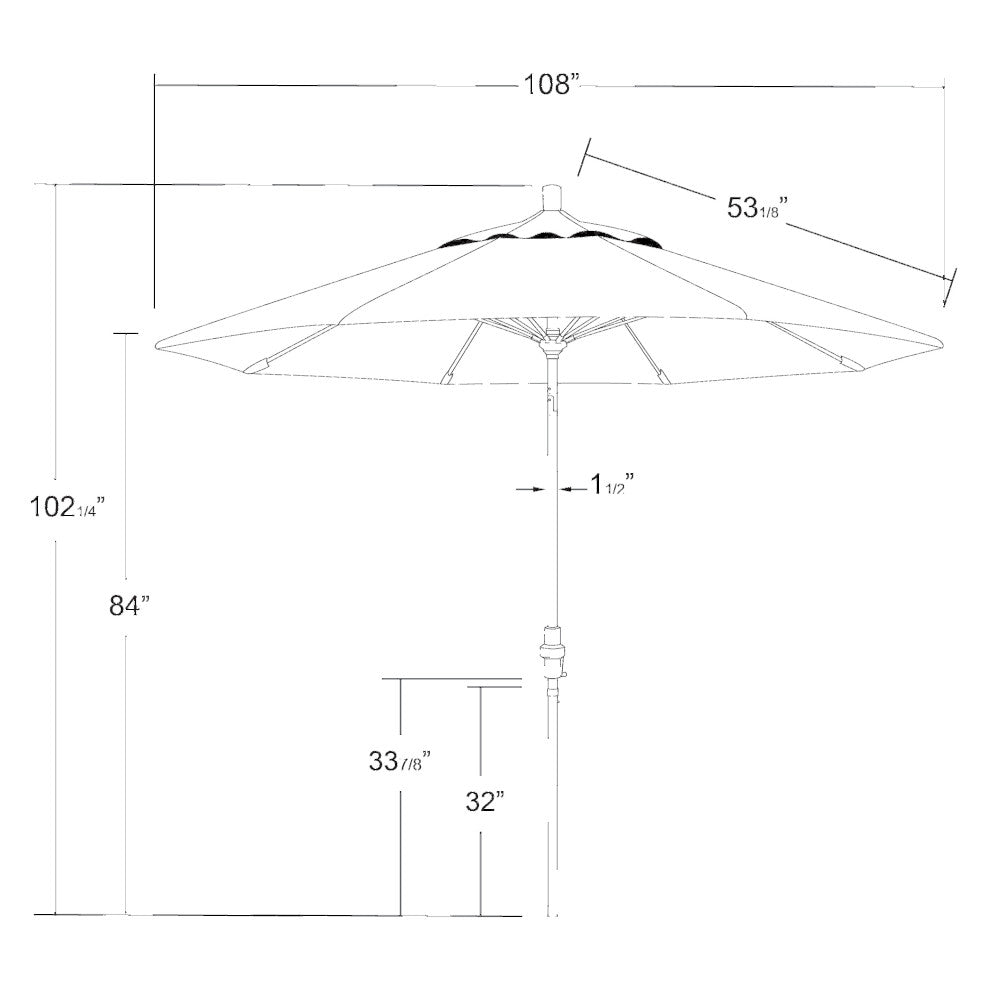 9'' Matted Black Collar Tilt Lift Fiberglass Rib Aluminum Umbrella, Olefin, Teak