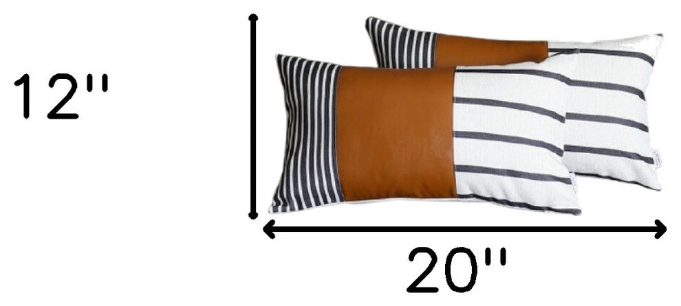 Set of 2 Striped and Bright Brown Faux Leather Lumbar Pillow Covers