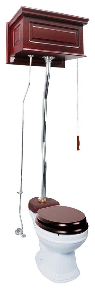 High Tank Toilets White Raised Panel Cherry Finish Round Z-Pipe, White, Silver, Cherry