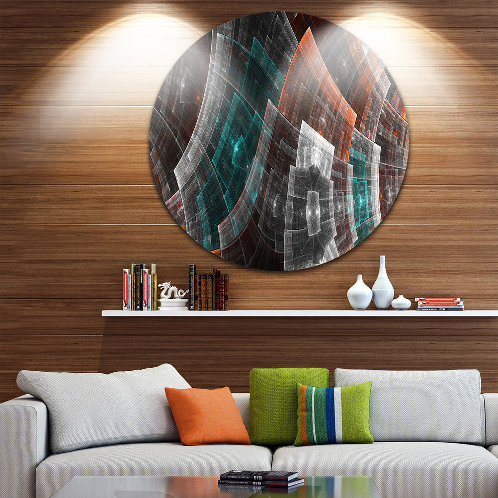 Brown And Blue Fractal Flower Grid, Abstract Disc Metal Artwork, 36"