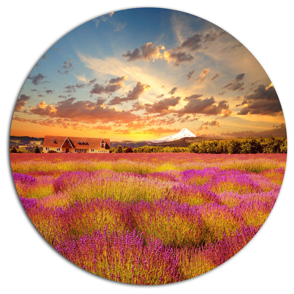 Majestic Lavender Field At Sunset, Floral Large Disc Metal Artwork, 23"