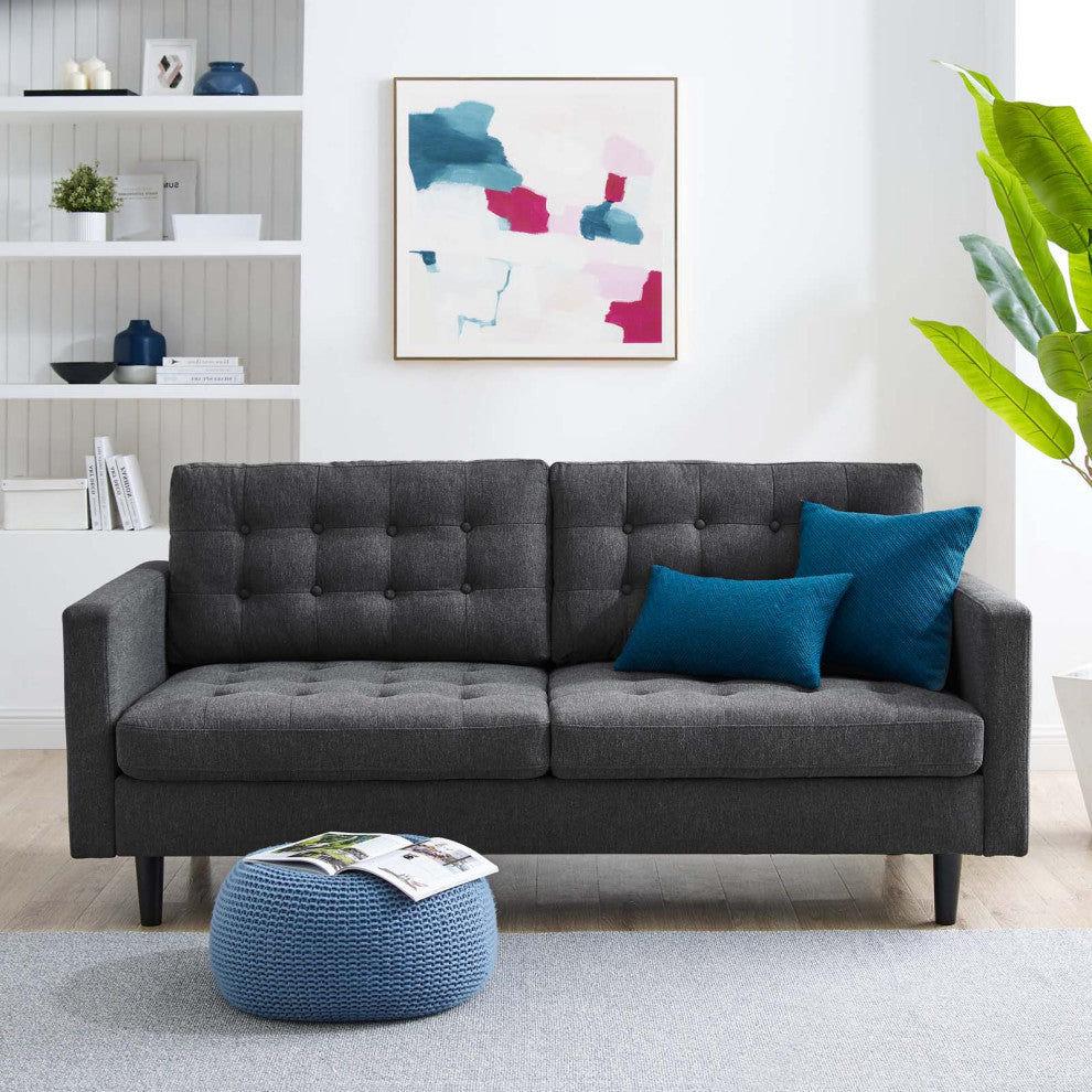 Tufted Sofa, Fabric, Dark Gray, Modern, Living Lounge Hotel Hospitality