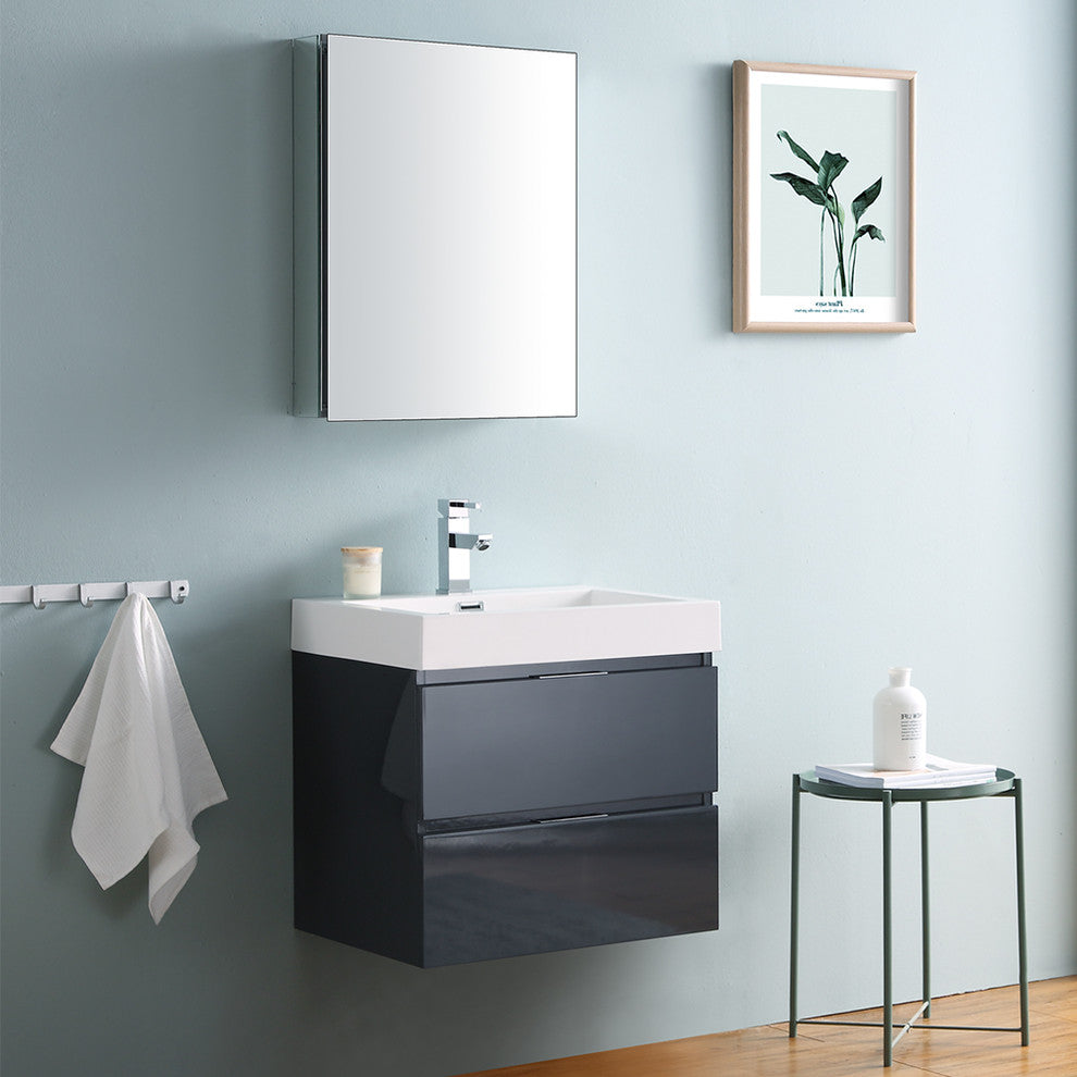 Valencia 24" Dark Slate Gray Wall Hung Vanity Set, Cabinet, Faucet, FFT3071BN