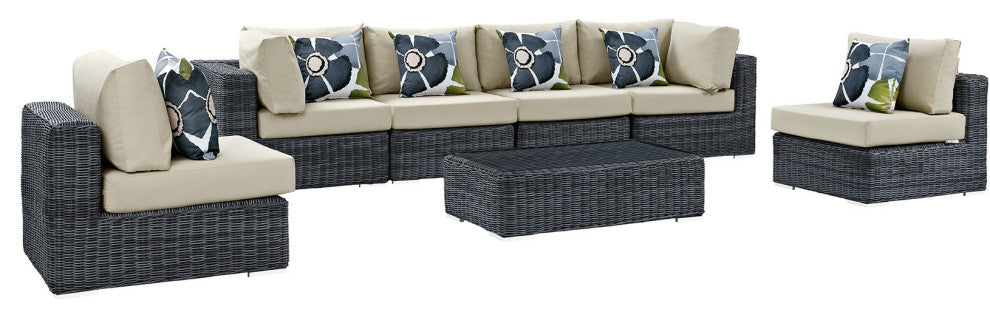 Modway Summon 7 Piece Outdoor Patio Sunbrella Sectional Set, Antique Beige