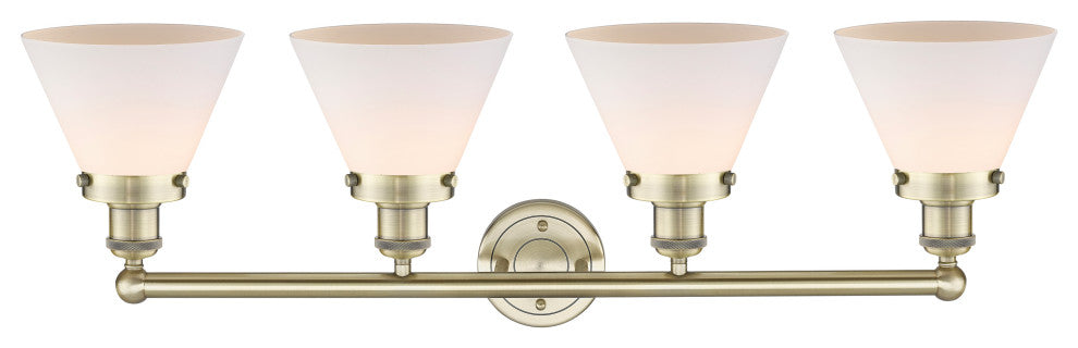 Large Cone 4-Light 35" Vanity Light, Antique Brass Finish, Matte White Shade