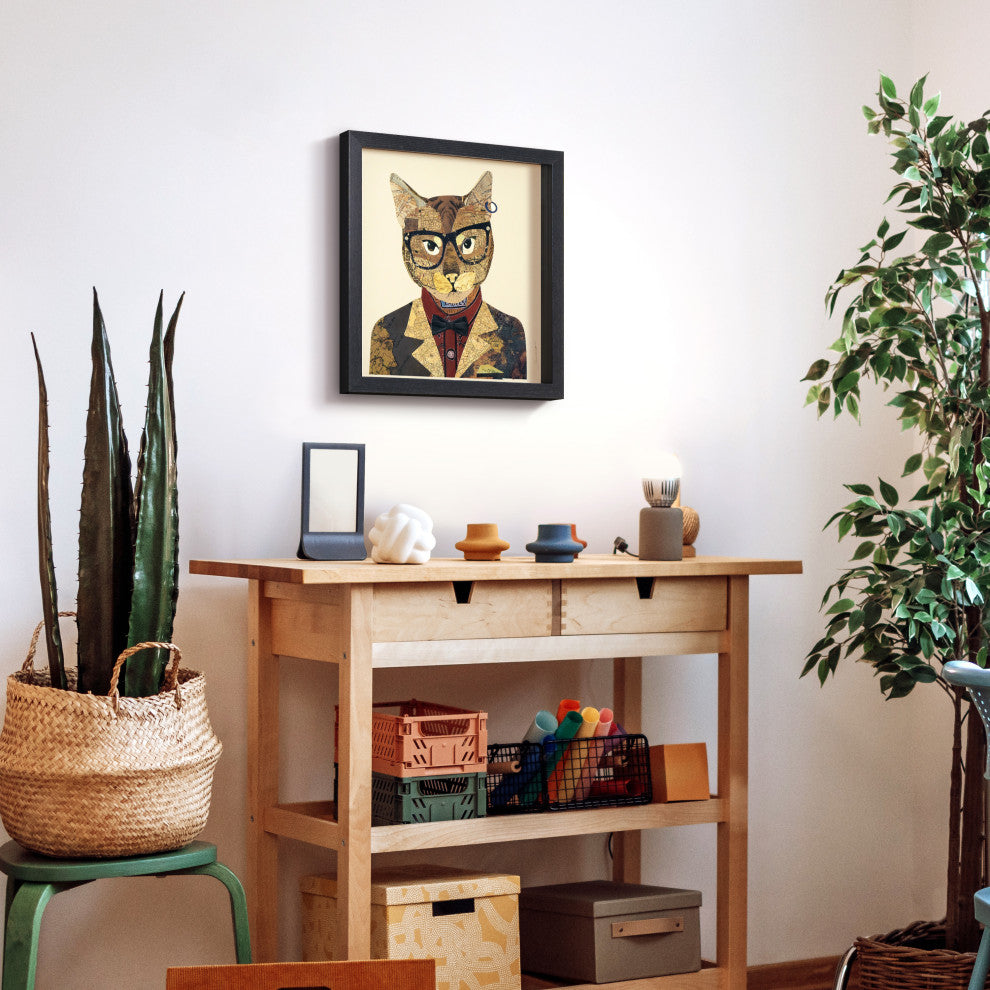 Funky Cat Dimensional Handmade Collage Wall Art Framed Under Glass