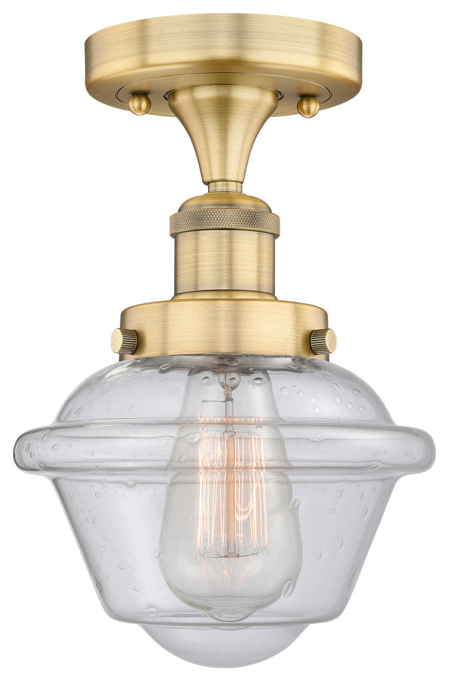 Oxford-1 Light 7" Semi-Flush Mount-Brushed Brass, Seedy Glass Shade