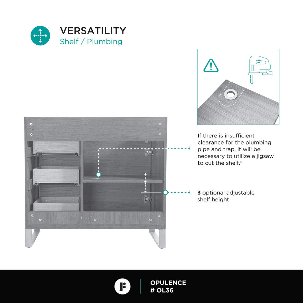 Opulence Bath Vanity, Navy Blue, 36", Satin Brass Hardware, White Carrara Top