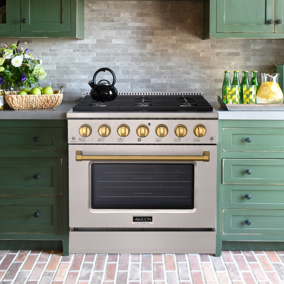 36" Slide-in Freestanding Gas Range & 5.2 Cu. Ft. Oven,6 Burners.Stainless Steel, Stainless Steel & Gold, 36"