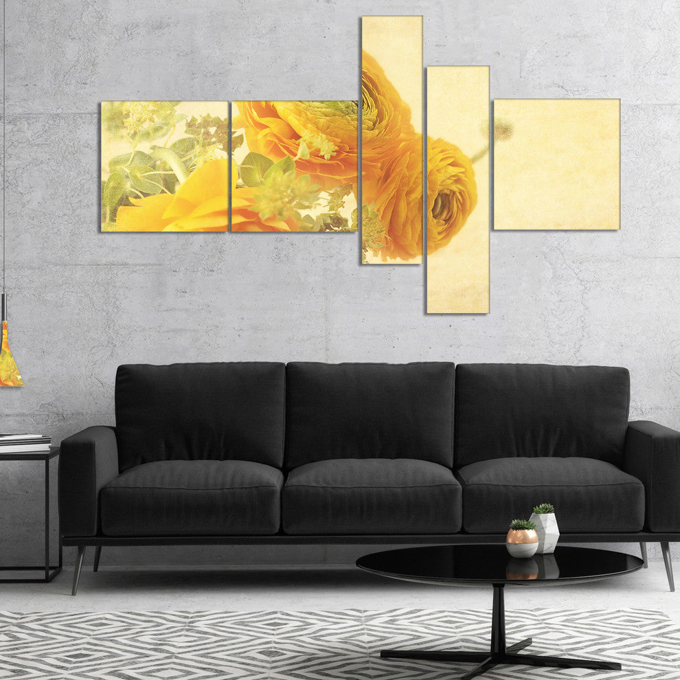 Bunch of Yellow Ranunculus Flowers, Floral Canvas Art Print, 60"x32", 5 panels