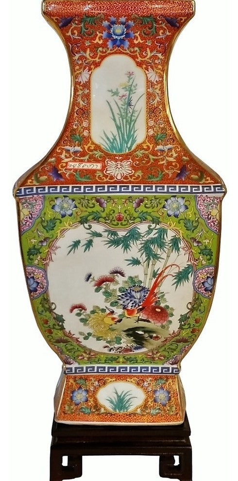 Chinese Floral Square Porcelain Vase Gold Line With Lime Green and Coral