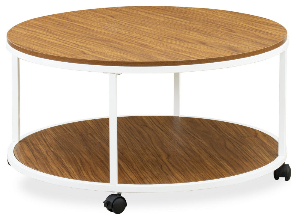 Harley Round Coffee Table, Powder Coating White, Brown Wood Laminate