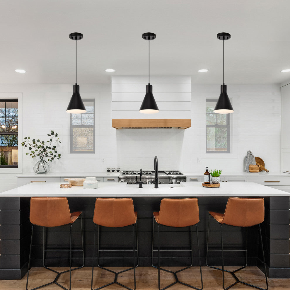 1-Light Matte Black Metal Cone Hanging Kitchen Pendant Light