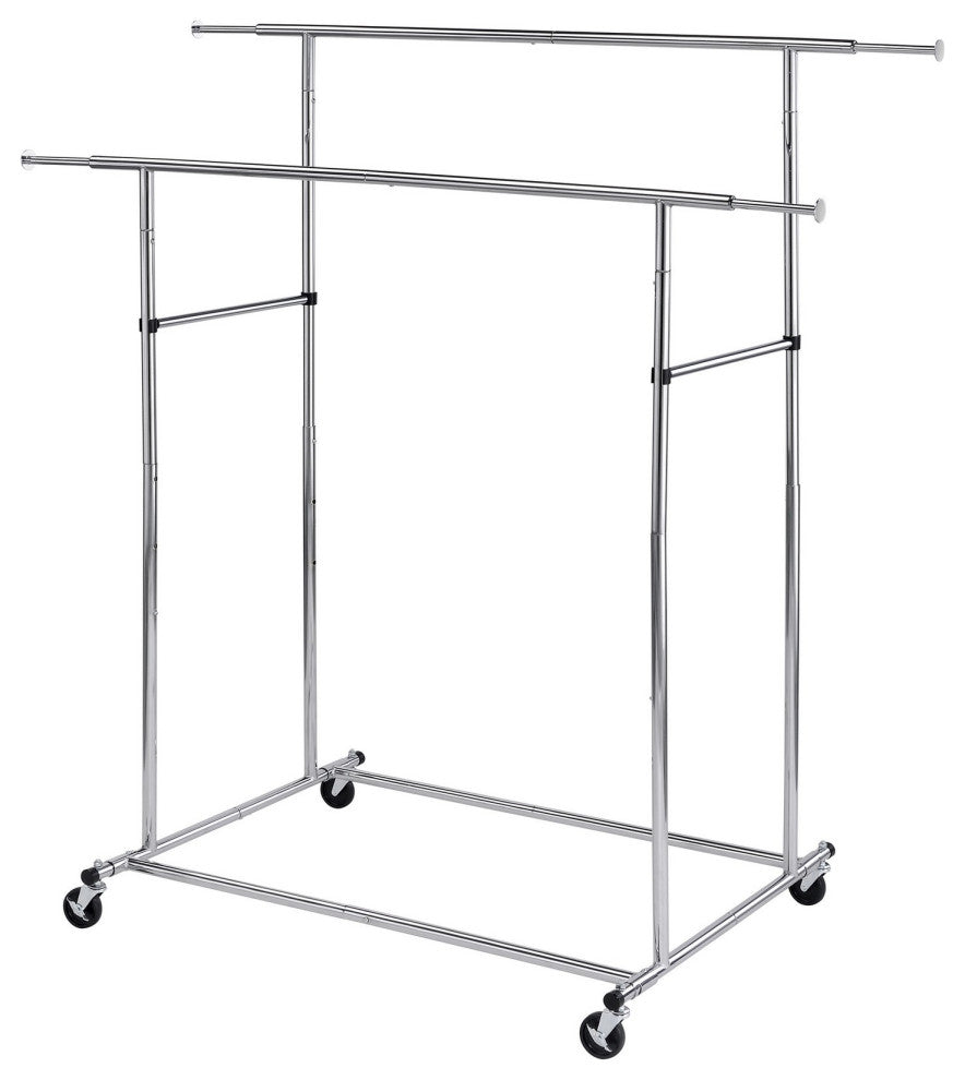 Dual Bar Tubular Metal Frame Garment Rack with Casters, Chrome