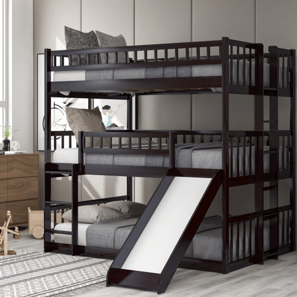 Espresso Full Over Full Over Full Contemporary Bunk Bed With Slide