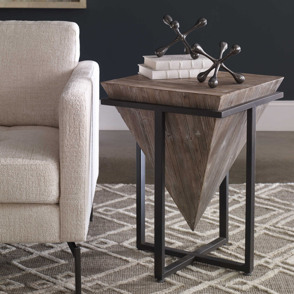 Modern Rustic Industrial Pyramid End Table, Geometric Iron Wood Block Accent