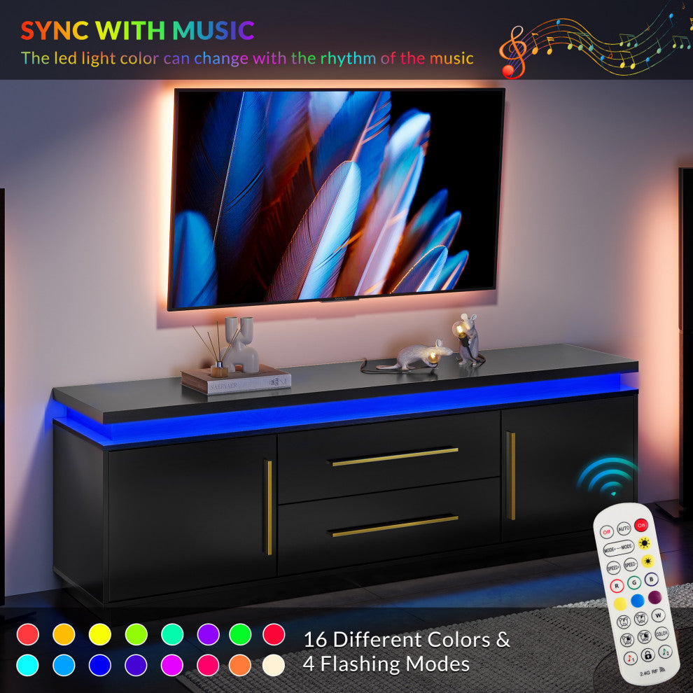 67" TV Stand for TV up to 75", with LED Lights Change to Melody of Music, Black