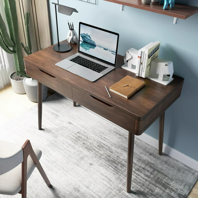 Mid Century Desk, Angled Legs & 2 Storage Drawers With Cut Out Pulls, Walnut