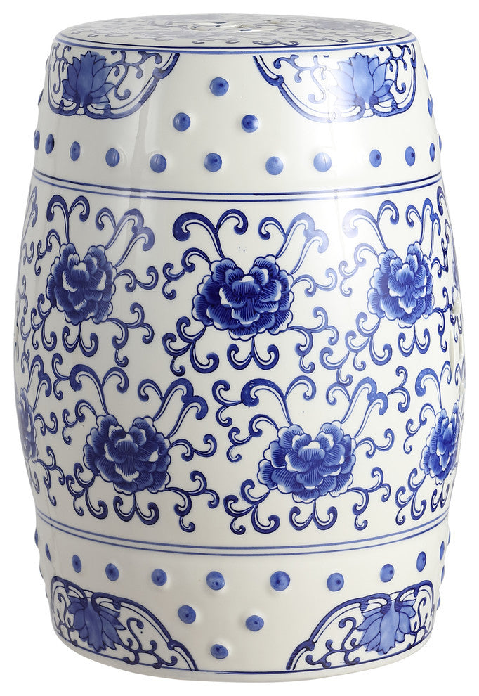 Lotus Flower 17.8" Ceramic Drum Garden Stool, Blue and White