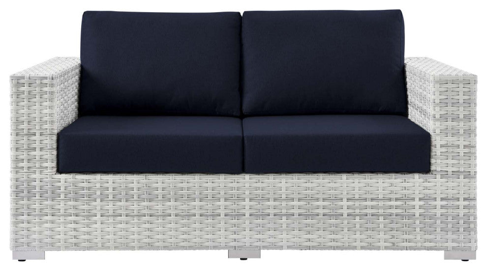 Lounge Loveseat Sofa, Rattan, Wicker, Gray Blue Navy, Modern, Outdoor Patio