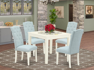 5Pc Dining Set, Square Table, Four Parson Chairs, Baby Blue Fabric, Linen White