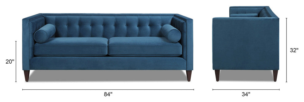 Jack 84" Modern Tuxedo Sofa With Bolster Pillows, Satin Teal Velvet