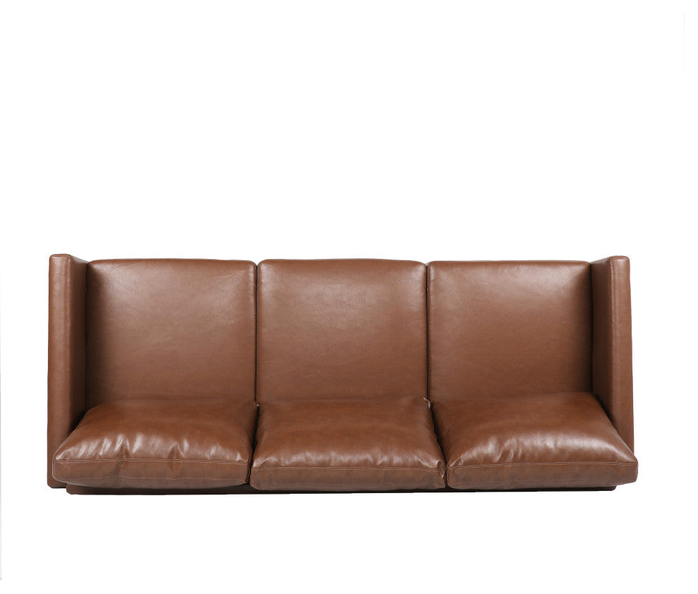 Dowd Mid Century Modern Faux Leather 3 Seater Sofa, Cognac Brown/Dark Brown
