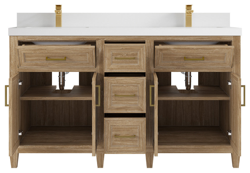 Santa Monica 60 Double Sink Bathroom Vanity in Whitewashed Teak 2" White Quartz